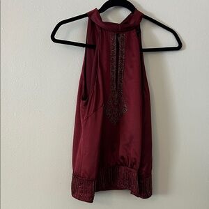 BCBGMaxAzria Beaded Burgundy Sleeveless Blouse with Tie Neck